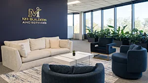 M plus builders office furniture design lobby featured photo 7x3